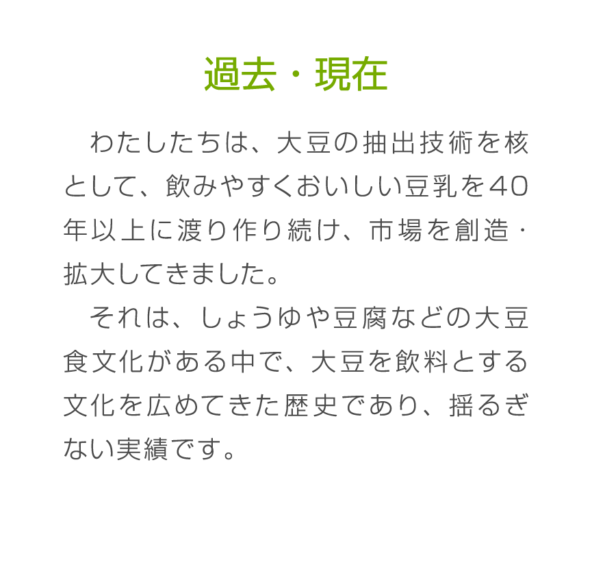 過去・現在 わたしたちは、大豆の抽出技術を核として、飲みやすくおいしい豆乳を40年以上に渡り作り続け、市場を創造・拡大してきました。それは、しょうゆや豆腐などの大豆食文化がある中で、大豆を飲料とする文化を広めてきた歴史であり、揺るぎない実績です。