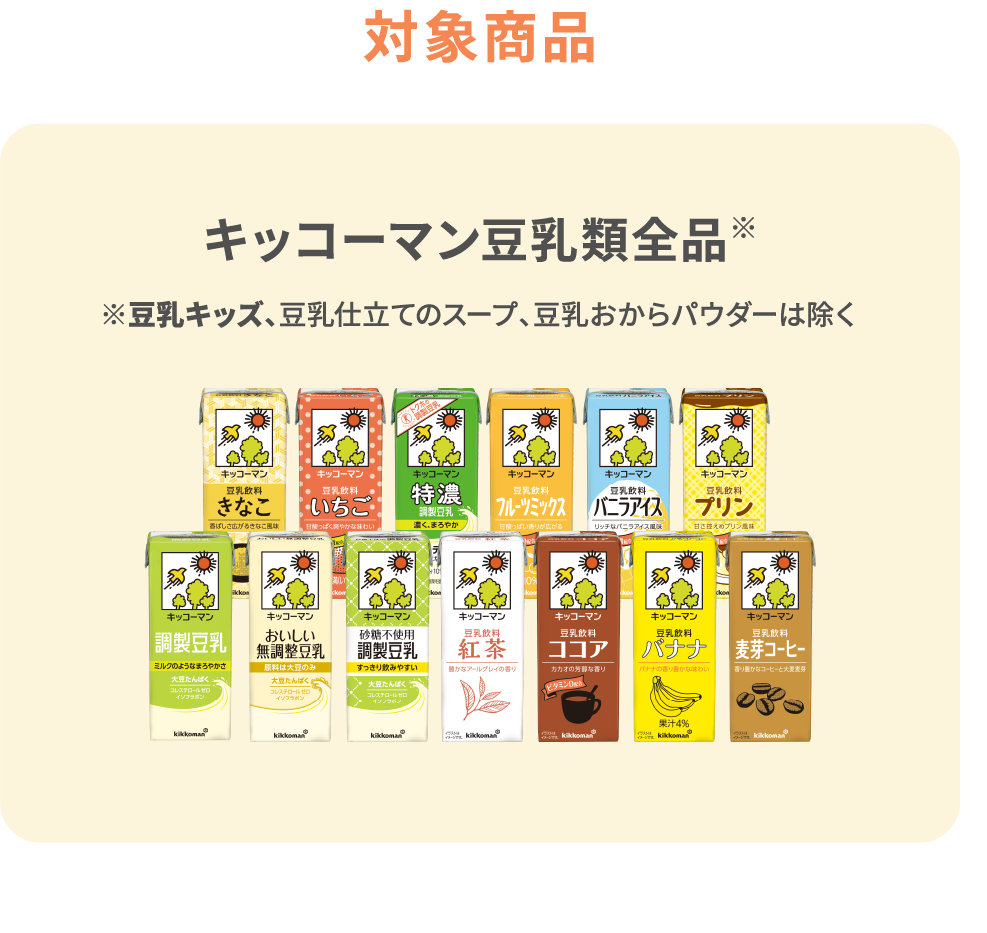 対象商品 キッコーマン豆乳類全品 ※豆乳仕立てのスープ、豆乳おからパウダーは除く