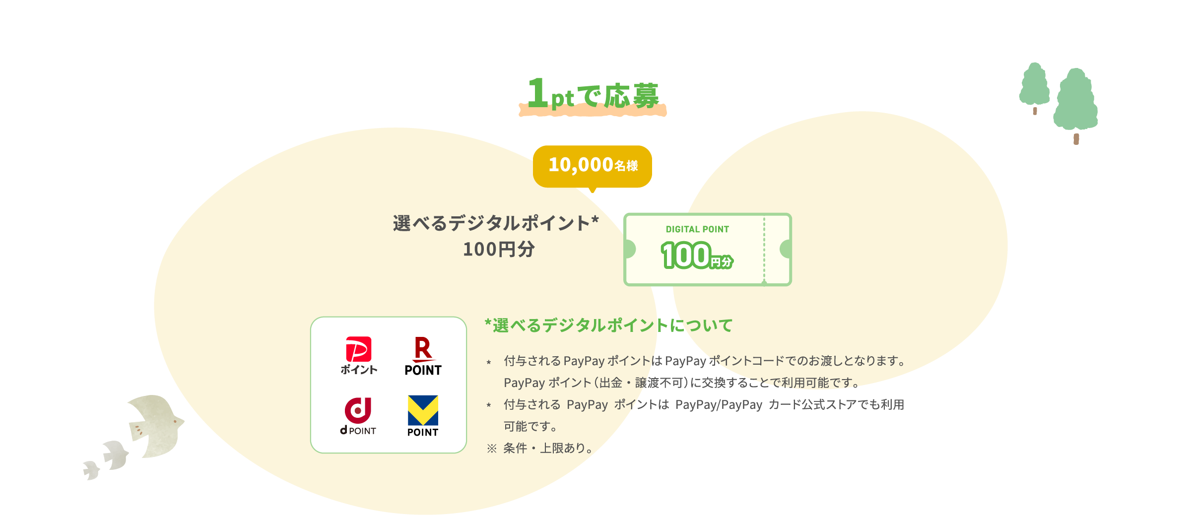 1ptで応募 10,000名様 選べるデジタルポイント* 100円分 選べるデジタルポイントについて 付与されるPayPayポイントはPayPayポイントコードでのお渡しとなります。PayPayポイント（出金・譲渡不可）に交換することで利用可能です。付与されるPayPayポイントはPayPay/PayPayカード公式ストアでも利用可能です。条件・上限あり。