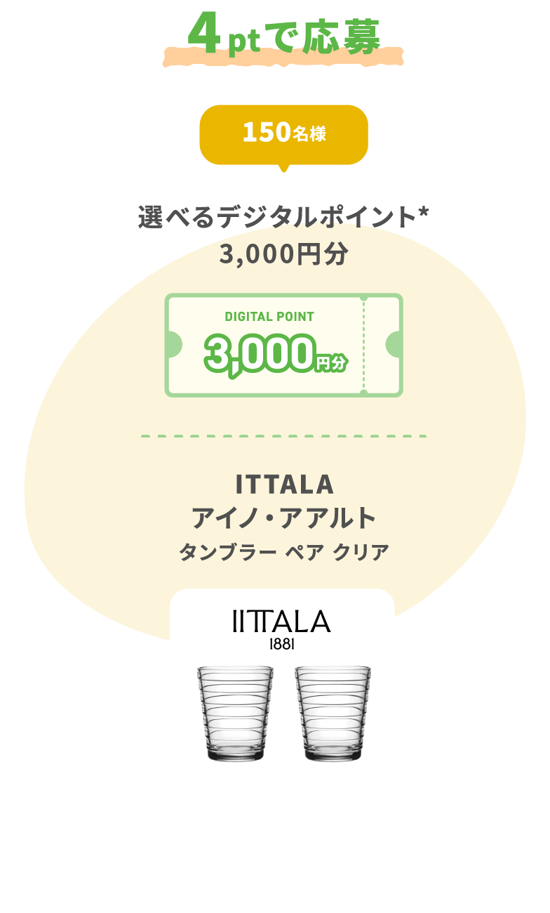 4ptで応募 150名様 選べるデジタルポイント*3,000円分 ITTALA アイノ・アアルト タンブラー ペア クリア