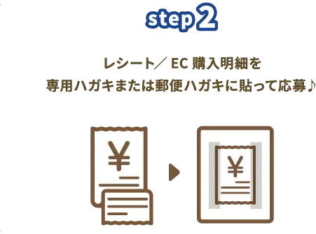 step2　応募方法　レシート/EC購入明細をハガキに貼って応募♪