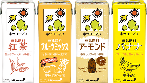 キッコーマン豆乳飲料 紅茶、フルーツミッス、アーモンド、バナナ